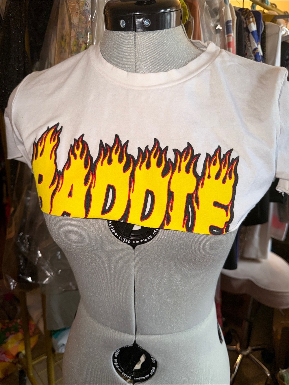 Fashion Nova White Crop Top with Yellow & Black Flame Graphic
